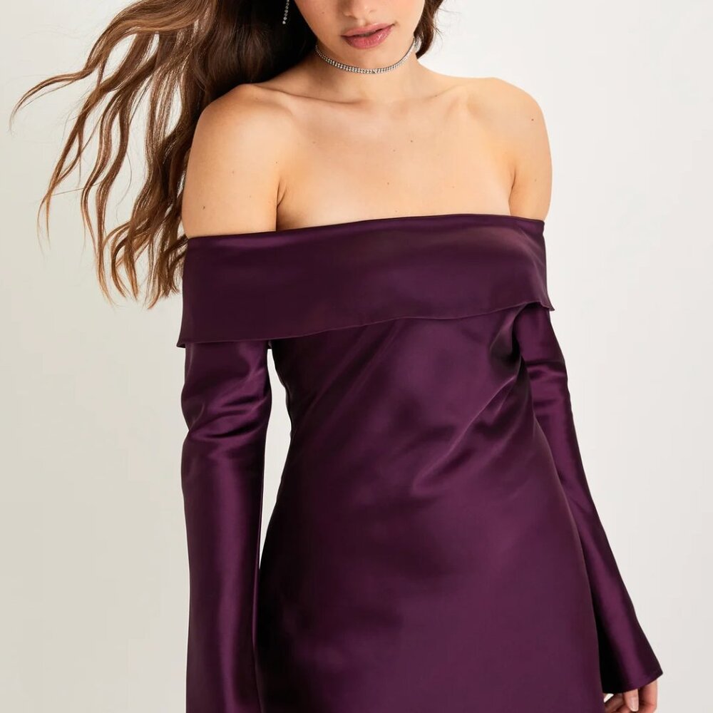 Lulus Plum Purple Satin Off-the-Shoulder Mini Dress - Size L - NWOT
